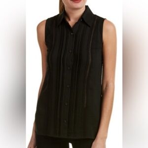Cabi  ‘Jagger’ Black Tuxedo Pin-Tuck Pleated Button Up Sleeveless Top Layering S